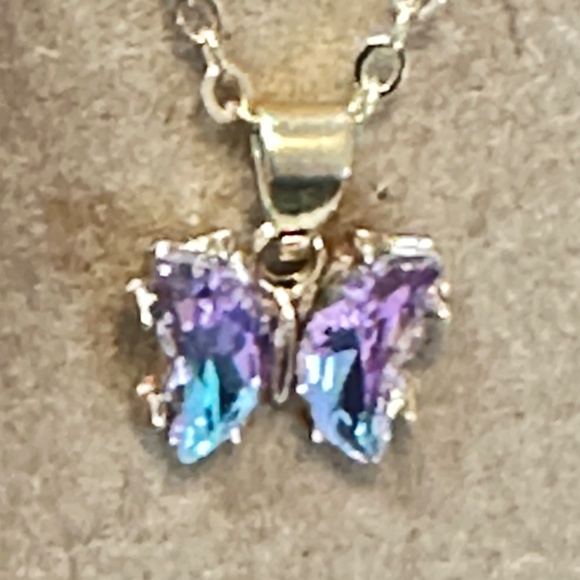 Gold Tone Mystic Glass Crystal Butterfly Pendant - Picture 5 of 16